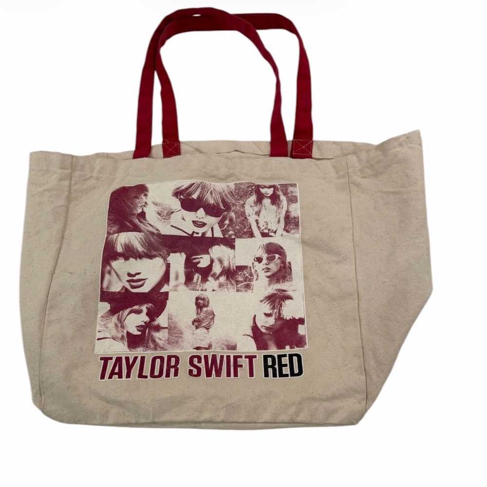 Taylor Swift Beige Canvas Tote with Red Graphic and Red Straps Era Tour album
